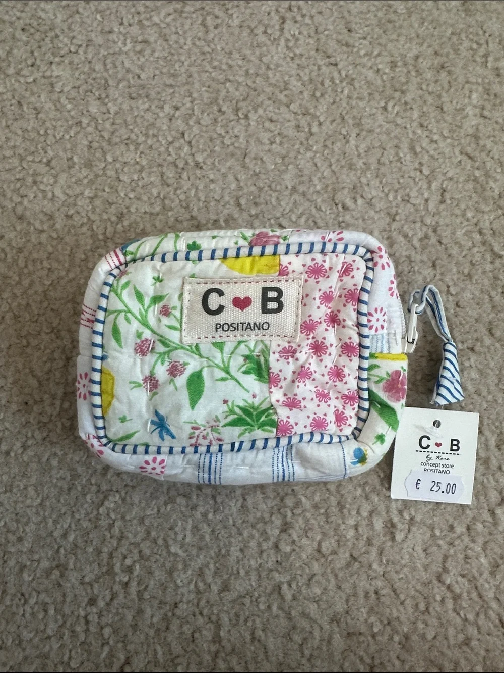C·B Positano Floral Quilted Pouch - White with Pink & Green